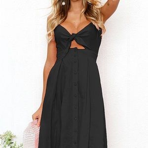 Women Dresses Tie Front V-Neck Spaghetti Strap Backless Swing Midi Dress SMALL